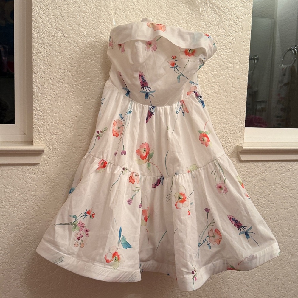 Strapless White Floral Mini Dress Festival Staples 
Tiered Dress & Above Knee.